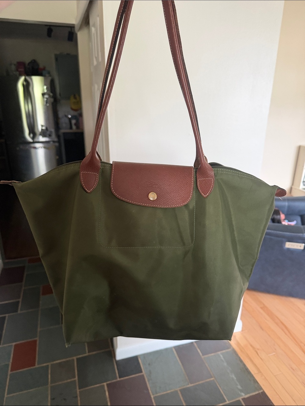 Longchamp Olive Green Nylon Tote with Brown Leather Trim